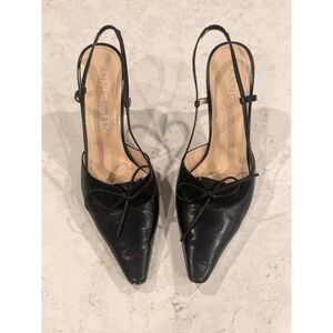 Anne Klein New York Black Leather Slingback Bow Pumps Made in Italy Womens 10 M